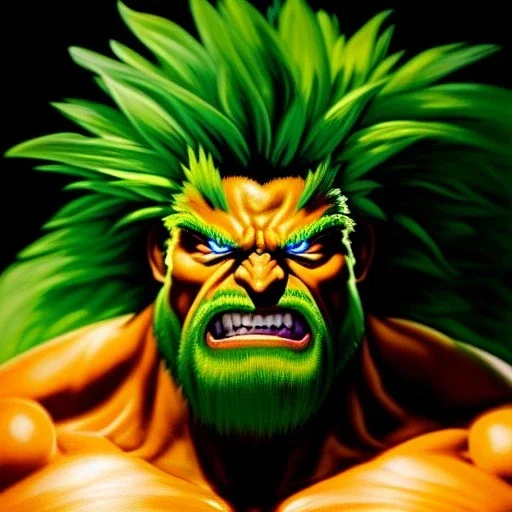 Ultra detailed fullbody Portrait in oil on canvas of Street Fighter- Blanka,extremely detailed digital painting,ultrarealistic skin,intense stare, extremely detailed face, crystal clear eyes, mystical colors ,perfectly centered image, perfect composition, rim light, beautiful lighting,masterpiece ,8k, stunning scene, raytracing, anatomically correct, in the style of Simon Bisley and Ohrai Noriyoshi and robert e howard and Steve Jung and frank frazetta.