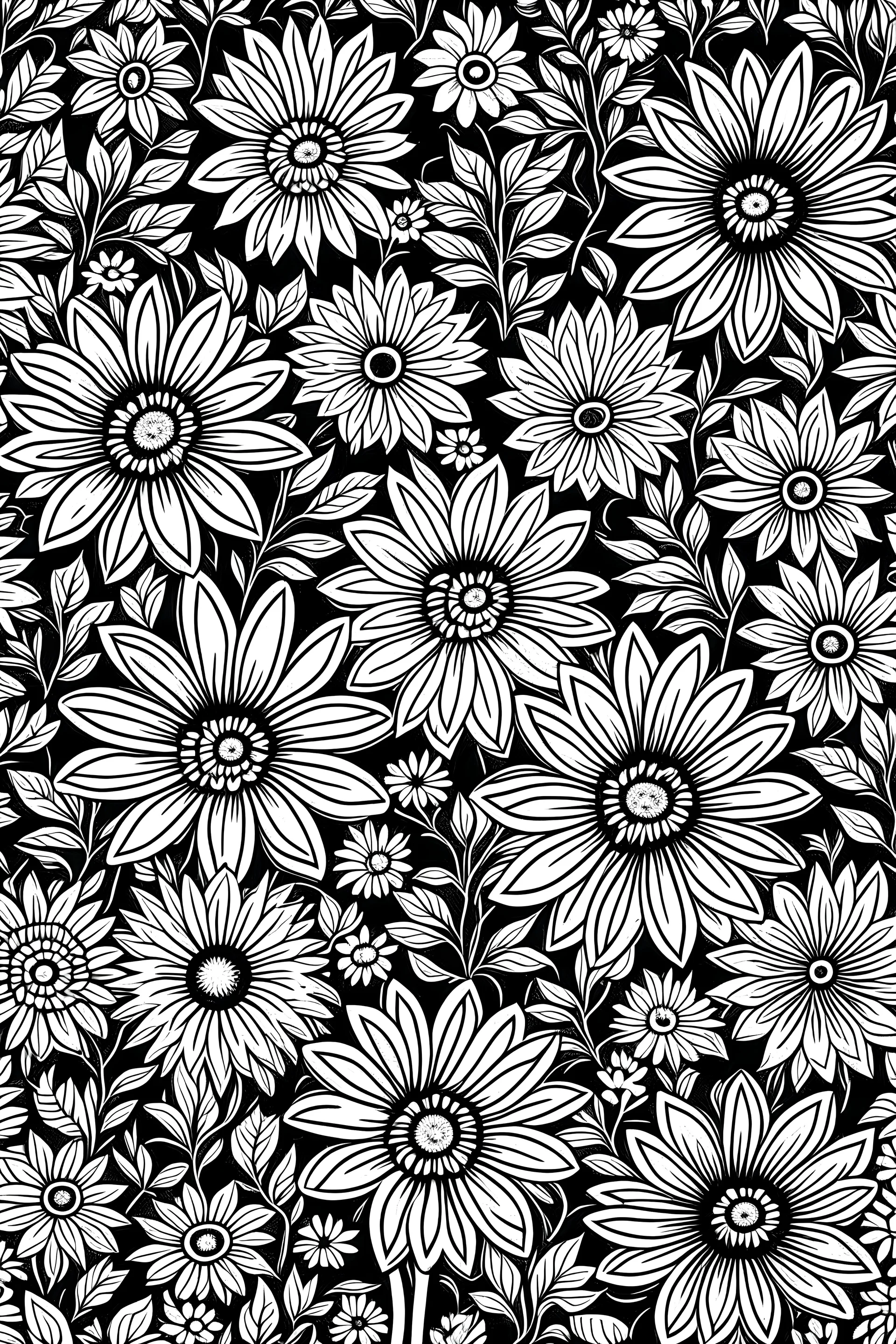 Easy Patterns Coloring page, African Daisy, Calming and Unique Coloring page for Kids 2 ages , Mindfulness, and Creativity, black bakground white and black