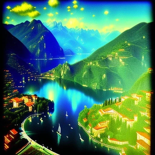 Lake Como, Italy,aerial view,extremely detailed digital painting, high resolution,8k, realistic, beautiful, volumetric lighting, mystical colors ,perfectly centered image, perfect composition, rim light, beautiful lighting,masterpiece, stunning scene, raytracing, anatomically correct, in the style Van Gogh and robert e howard and Ken Kelley and Ohrai Noriyoshi and Simon Bisley and tomzj1.