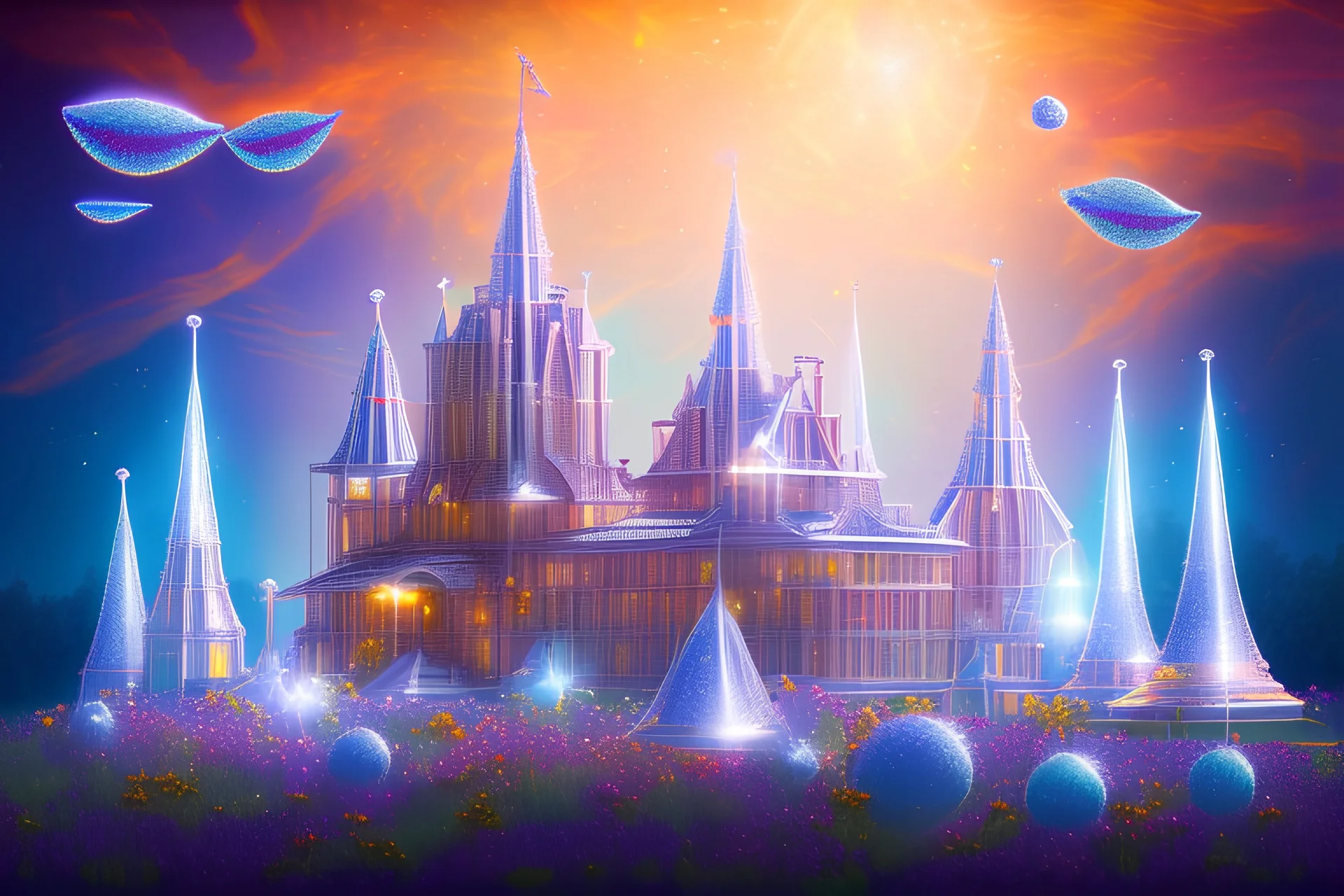 palais de cristal dans un vent de fleurs cosmiques dans un ciel turquoise matinal soleil levant et scintillant , et très lumineux dans le soleil levant