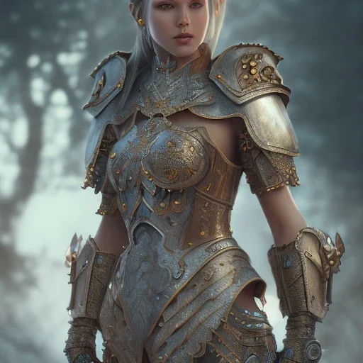 portrait of a warrior with godddes beautiful girl themed armour, extremely detailed, UHD, 8k,macro lens, perfect position,hyperphotorealistic, unreal engine 5, octane render