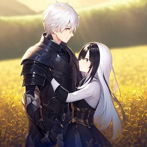 Girl with white hair. Boy with black hair wearing leather armor. Field