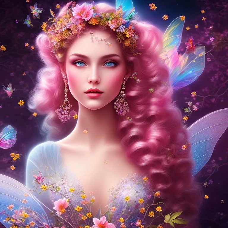 bright fairy, beautiful portrait, flowery landscape