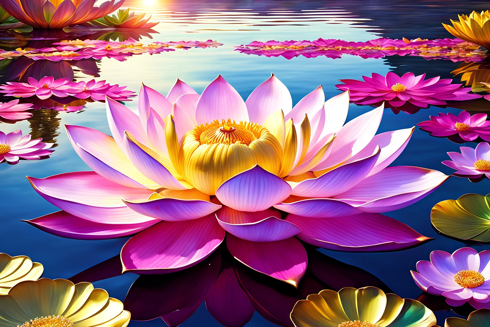 (Masterpiece ), Photorealistic, gold, opalescent iridiscent color, precious stones crystal gold, big pink lotus flower in the middle of a lake landscape of summer ambient beautiful sea, Rajasthan palace in light crystals gold