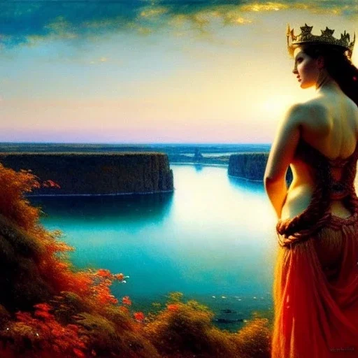 Drawing of 'busty Viking Queen',Braids,view,River, by gaston bussiere, greg rutkowski, yoji shinkawa, yoshitaka amano, tsutomu nihei, donato giancola, tim hildebrandt,oil on canvas, cinematic composition, extreme detail,fit full head inside picture,16k