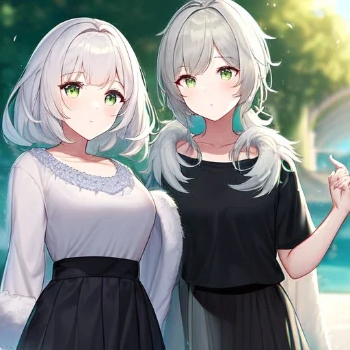 Clear focus, High resolution, light grey short hair, dark green eyes, wearing a black t-shirt and black skirt, fluffy hair, detailed outfit, really fluffy hair