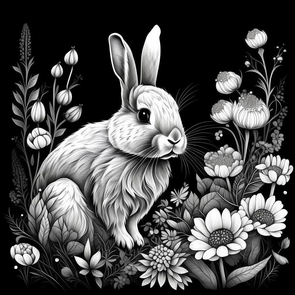 colorless rabbit between seeds and big flowers black background .black and white colors. for a coloring. with grayscale