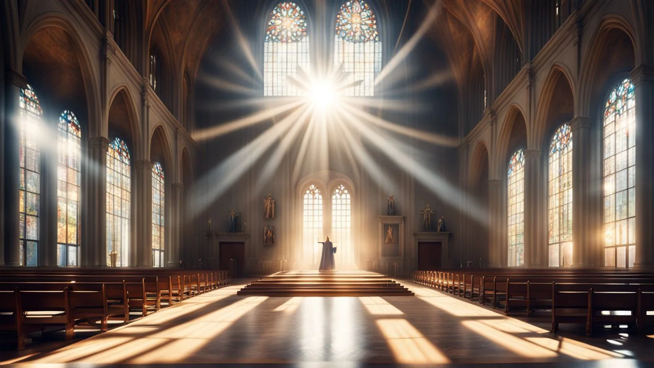 Hyper Realistic Photographic Symmetrical Interior Of A Church With Jesus On Cross At Day Time With Sun Rays Coming From Windows & Fireflies Glowing Inside The Church Showing Dramatic & Cinematic Ambiance.