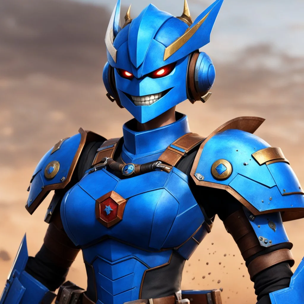 the Blue Lectroid smiles, ready to fight, in dust, rust and blood, her body is covered with throwing daggers belts