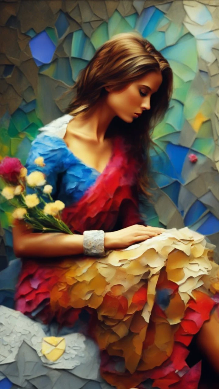 "Midnight Serenade unique" low view angle shot down sunset large close up a beautiful street with colorful wild flowers on both sides , granite terrazzo motifs with puzzle modern , clothing is decorated with colorful filigree abstract, Collage chutes papiers magazines,Spirograph background by Nisa Kiley, Textile Artist،