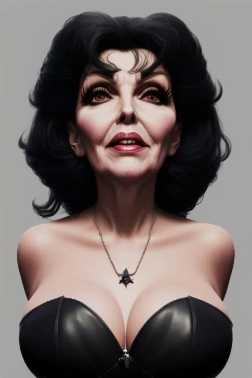 Joan Collins as evil queen in black leather, leather, busty, cleavage, angry, stern look. character design by cory loftis, fenghua zhong, ryohei hase, ismail inceoglu and ruan jia. unreal engine 5, artistic lighting, highly detailed, photorealistic, fantasy