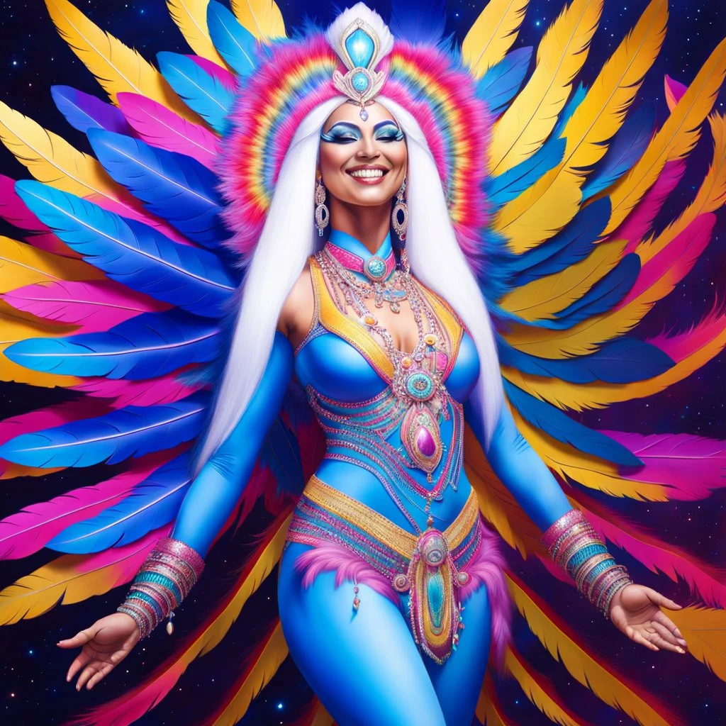 full body photorealistic portrait of a beautiful smiling amazonian carnival spiritual goddess with long parma white hair, colorful feathers tight hips with a tron like body suit tribute to the galaxy in a cosmic surounding only blue , pink and yellow, crystal jewels