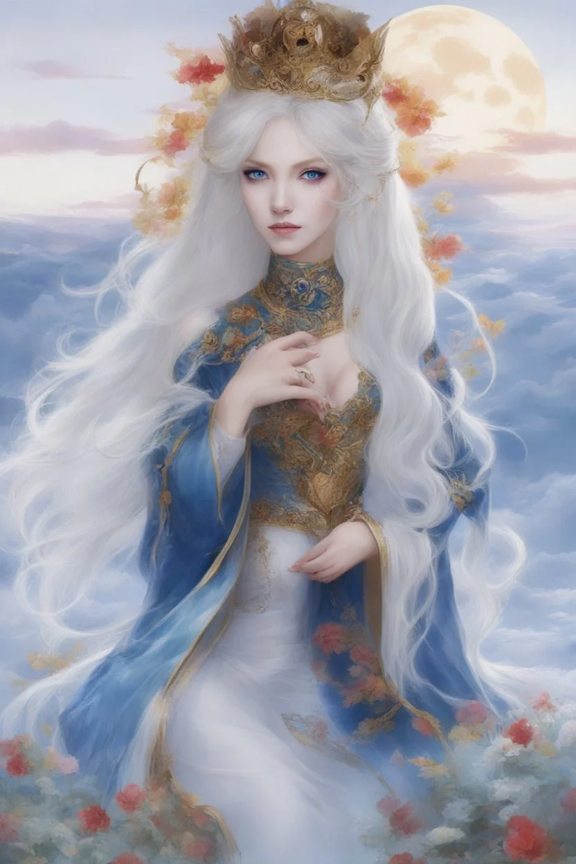 Moon queen long white hair, black robes, blue eyes