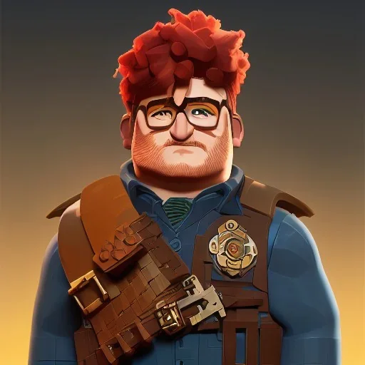 wayne knight, ed sheeran, dark blonde hair, shaved, lego, steampunk