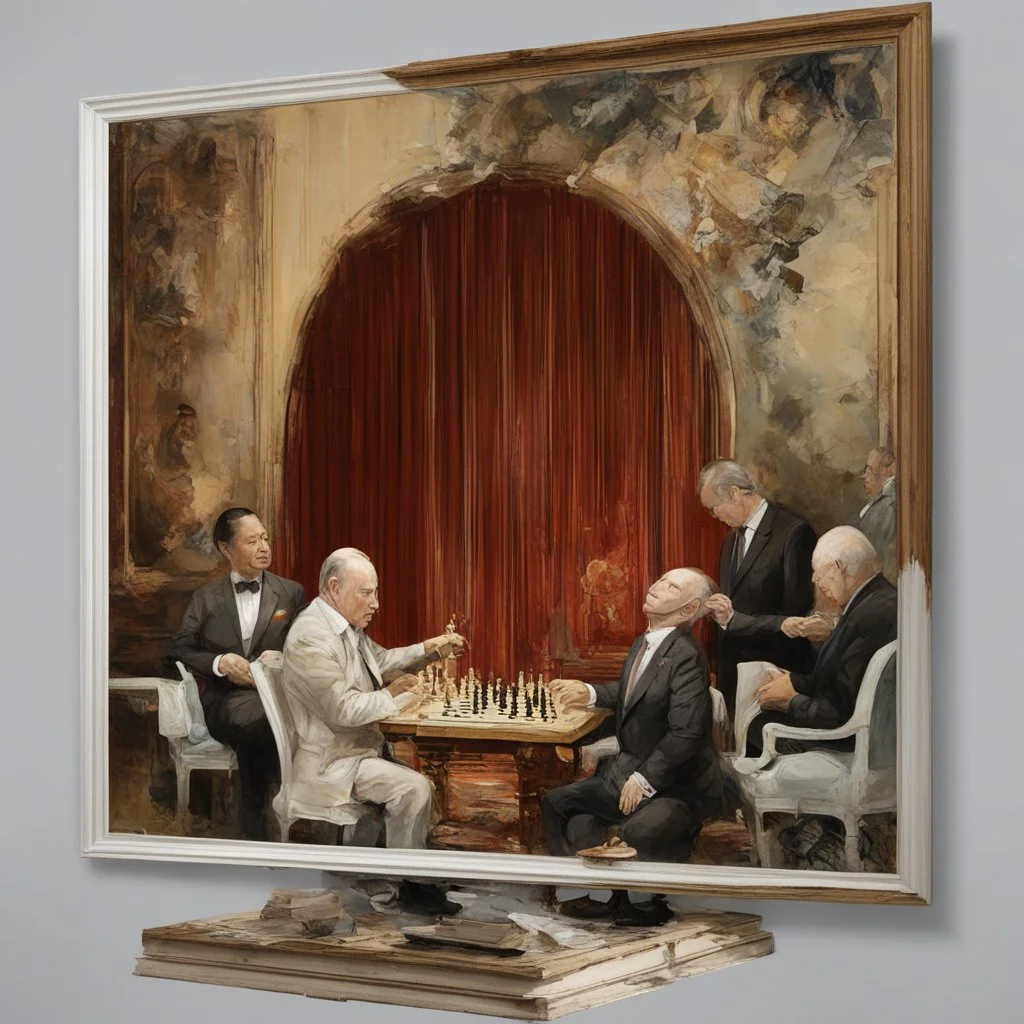 Putin, President Xi Of China And Joe Biden Play Chess With Atomic Bomb Mushroom Cloud,Complex Surgical Instruments Intermixed With A Newborn Boy,Minimalism,Painting By Adrian Ghenie,Rene Magritte,Pablo Picasso,Michelangelo,Salvador Dali,Lucian Freud