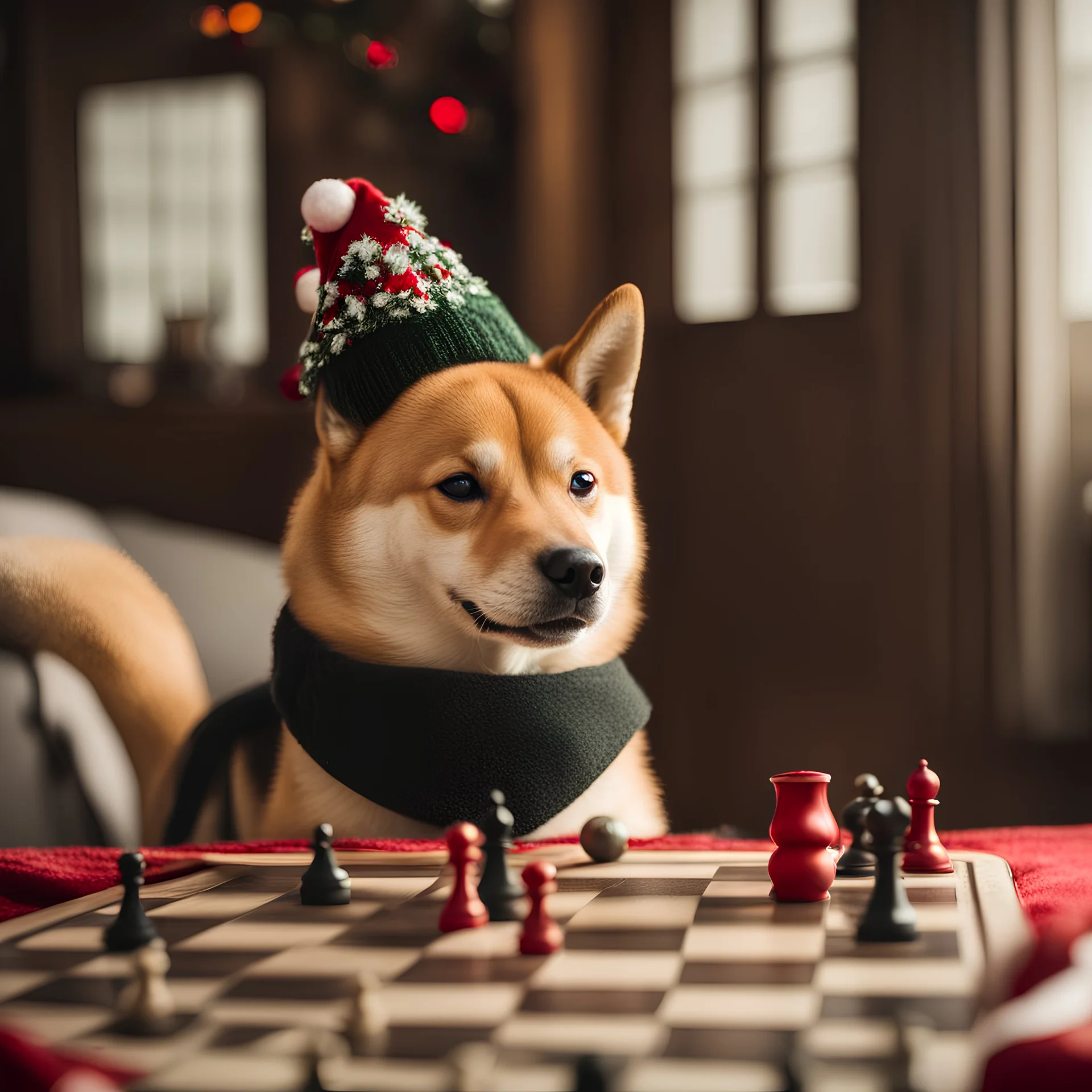 high definition photo of a shiba inu with a christmas hat playing chess and violin