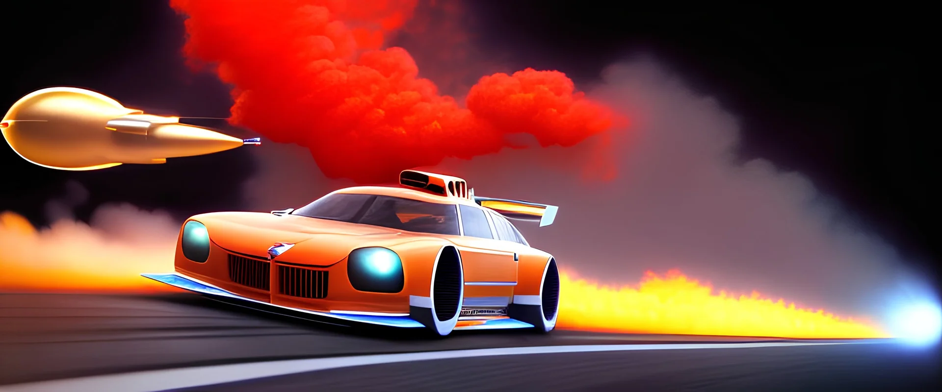 award winning car and driver photograph of a futuristic station wagon dirigible hybrid designed by only one vehicle per image painted metallic orange traveling at a high rate of speed, jet intake off of front center of vehicle and jet exhaust out the rear with bright blue flame, bilaterally symetrical, more a high speed road vehicle