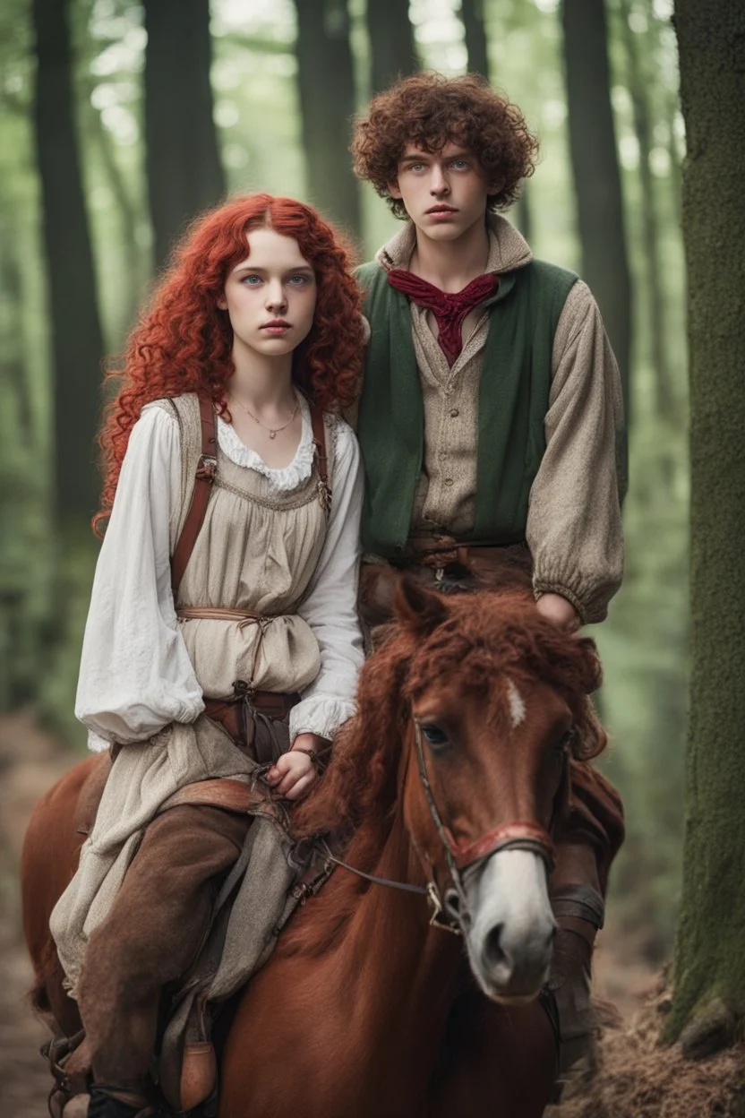 Sixteen year old teenager, green eyes, blood red curls, dressed as a peasant girl traveling through the forest on horseback, together with a young man