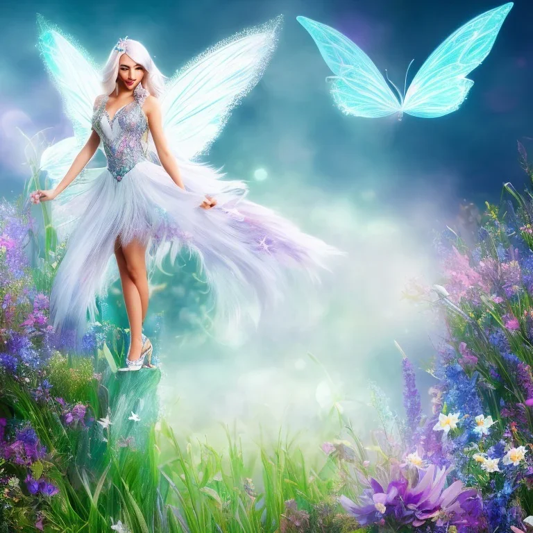 Fantasy fairy with transparent wings, smiling, make up, long platinum blond hair with crown and flowers, blue dress, flower background