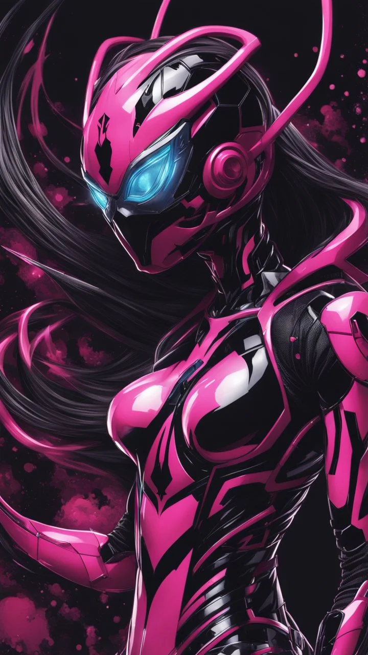 A close picture to Mix between gwenpool and symbiote, symbiote venom with transformers, high details machine, pink and black custom, intricate details, highly detailedin in solo leveling shadow art style