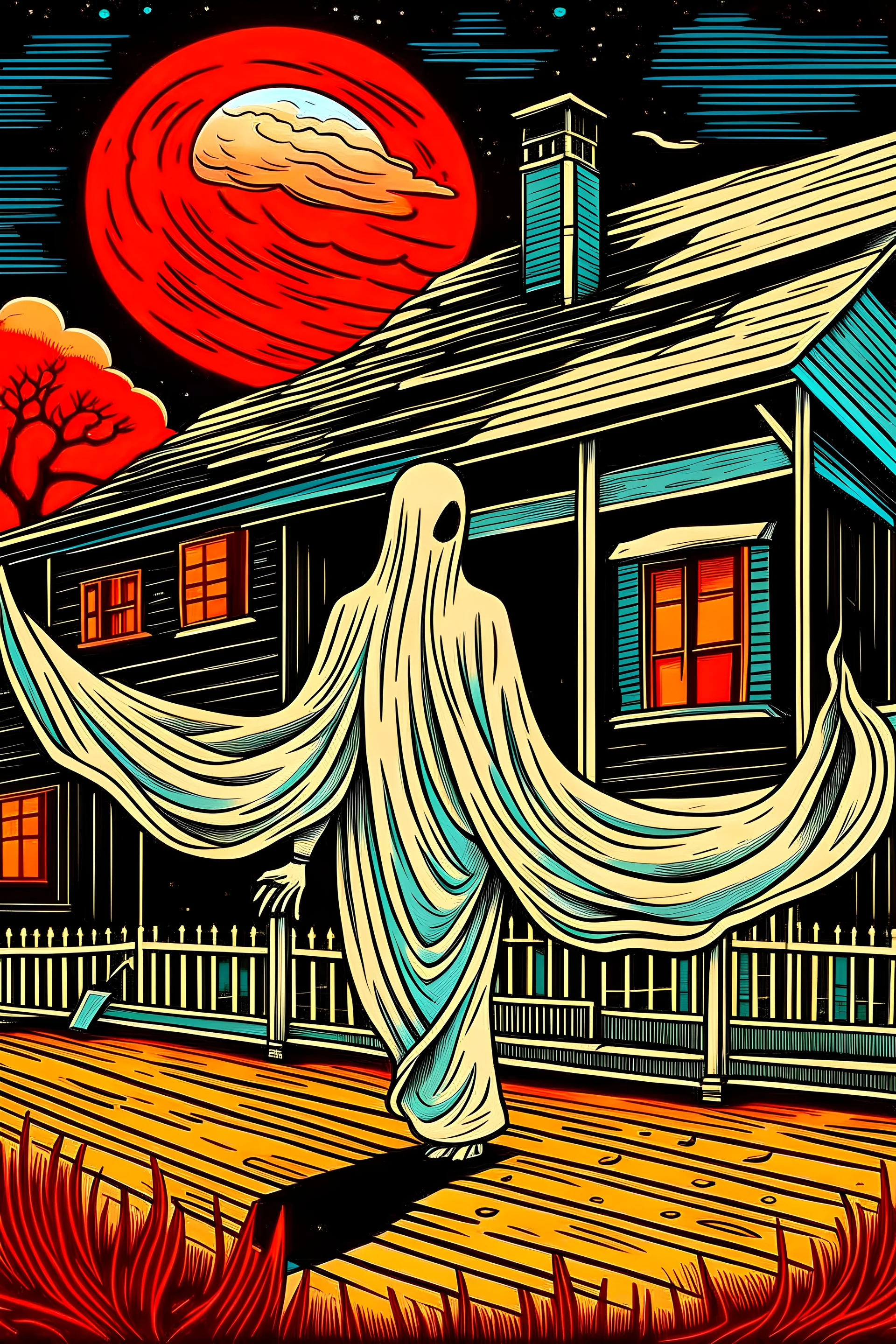 A white-pale ghost leaving a house forever. Nighttime, moonlit, black, white and red palette
