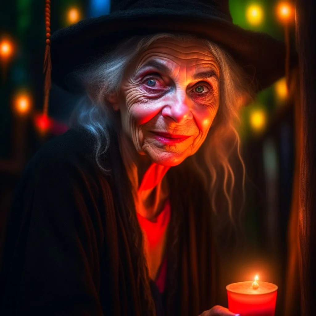 portrait of blessed witch beauty, wild goblin birthday party on dead forest bridge background , motion blur, 8k, downlight, soft light, depth of field, photorealism, trending on art station, lotsa detail