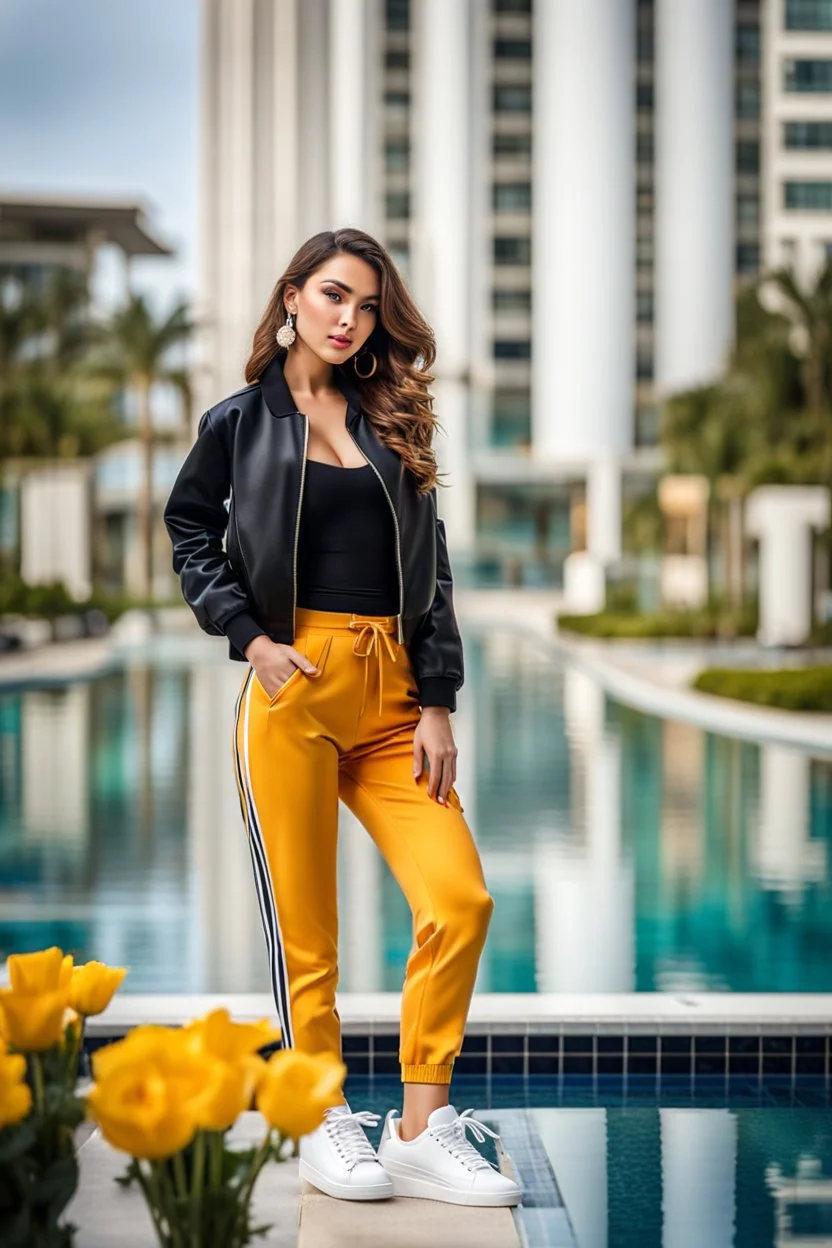 fullbody shot of young-beautiful-girl-with-a-perfect-face-with-make-up-wearing- sport pants and jacket standingnext to a big Square with a flowers and round pool with clean water in center , modern city scape environment ,,