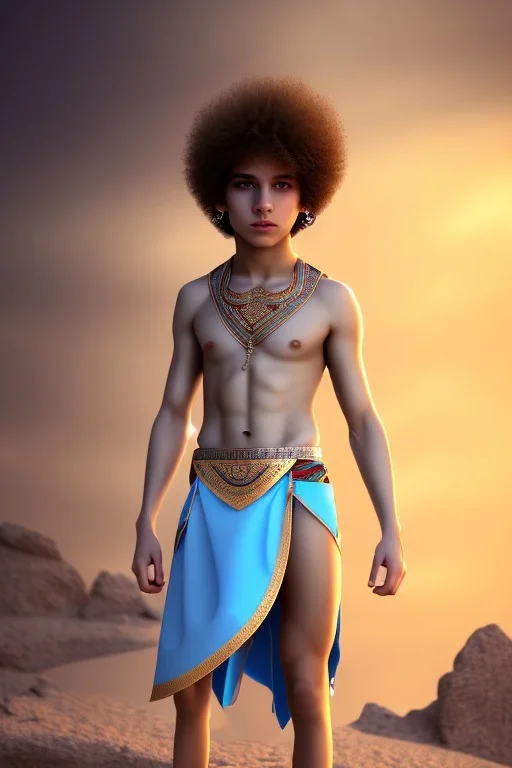 beautiful 12 year old arabic boy with curly hair and light blue eyes dressed in loincloth