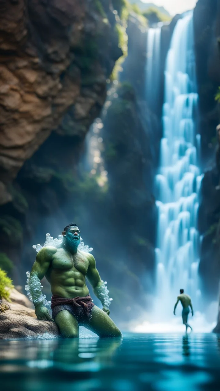 portrait of a transparent orc cliff diver and his ice elemental twin swimming at the bottom of huge waterfall,bokeh like f/0.8, tilt-shift lens 8k, high detail, smooth render, down-light, unreal engine, prize winning