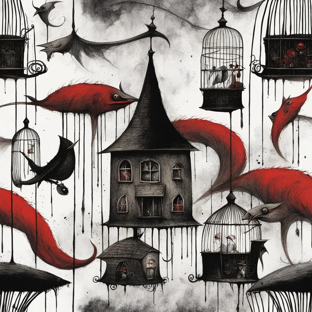 color Ink illustration by Alexander Jansson, heavily inspired by the unsettling symbolism of Edward Gorey and Stephen Gammell, depicting a cleaving sickle and a voracious maw, cages, red and black color scheme dominating the artwork, line art punctuating the grim narrative, detailed sketch, chilling motifs, dramatic linework, textured surface, ominous representation, unsettling, offbeat social critique.