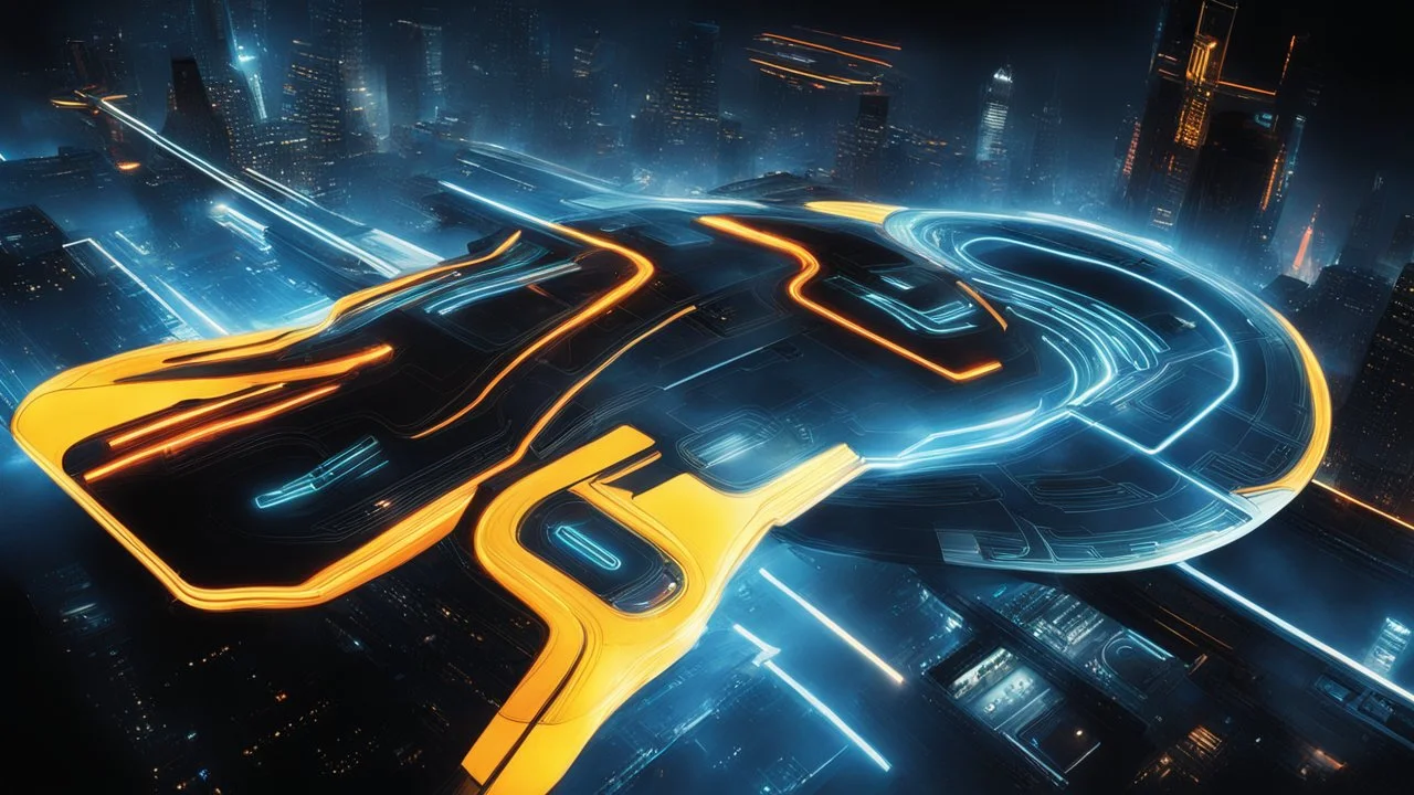 tron legacy movie, programs, space ships, city of the future, yellow, blue, red