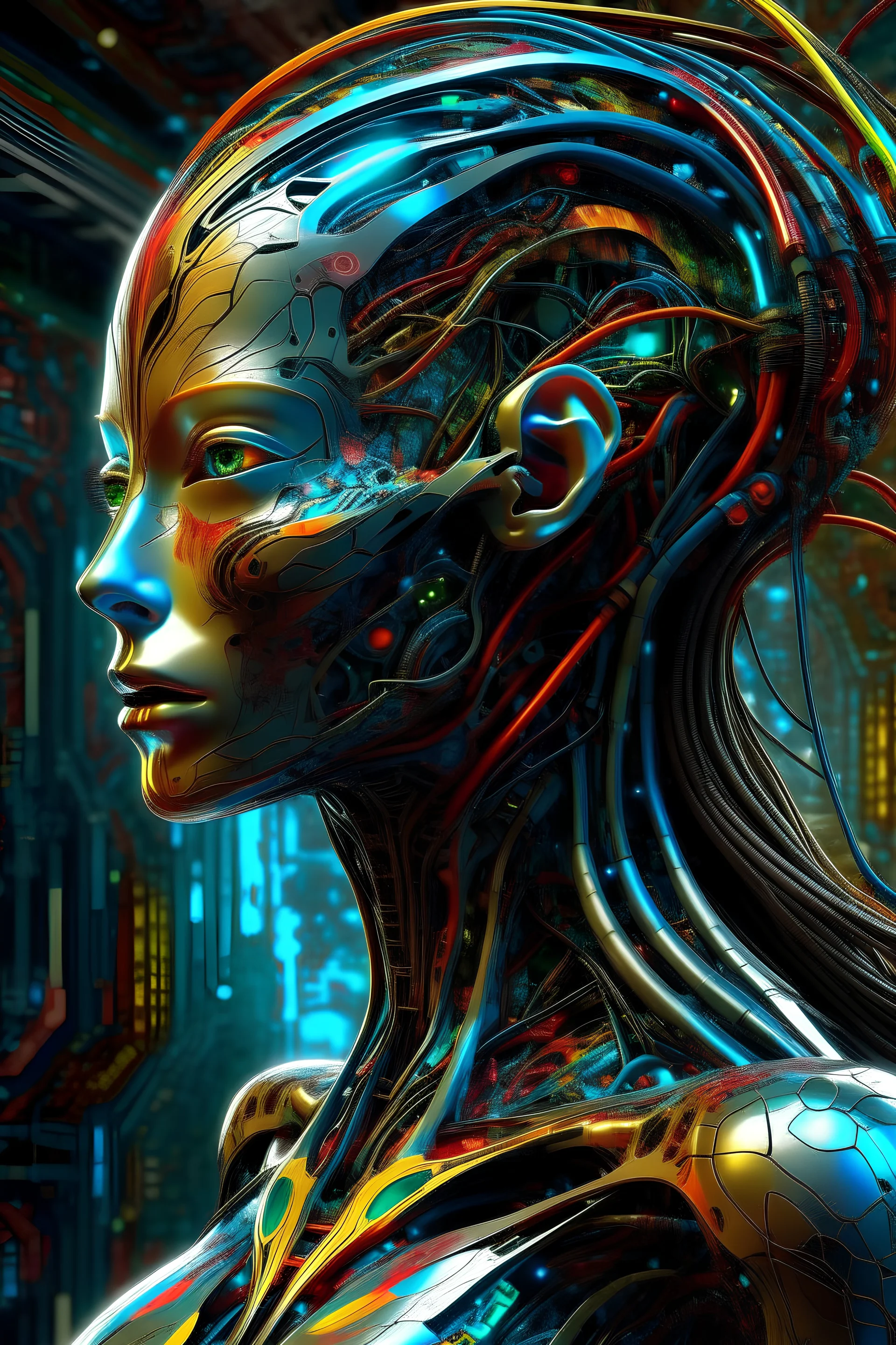 A beautiful futuristic ciborg alien woman, splash art, fractal art, colorful, a winner photo award, detailed photo, Arnold render, 16K,cyborg style,biopunk style