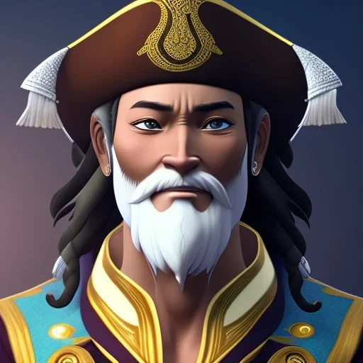 old man pirate,detailed eyes, disturbed expression.intricate detaile,thnically accurate face, intricate head dress,detailed 1800 pirate suite, detailed hair, detailed feathers, use dynamic palette, accurate proportions, high contrast black smokey bokeh background.korra character style.