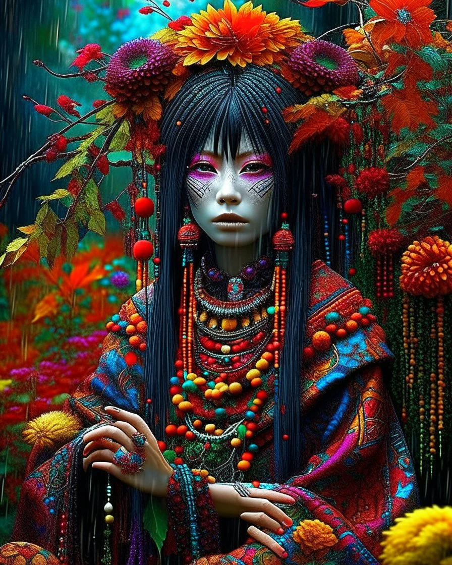 Vibrant autumn foliage in a rain-kissed setting, Ikebana arrangement, Haiku poetry inspiration, Japanese garden elements, autumn asters, Utagawa Hiroshige essence, Isaac Levitan influence, woman with dark skin, tribal markings, mysterious expression, piercing eyes, flowing black hair, colorful beads, layered textiles, bright hues, ornate jewelry, cultural richness, dark, blurred backdrop, GoBi, Наталья И-ва.Mystical character with pale blue scaly skin, icy green eyes, dark eyeliner, cascading da