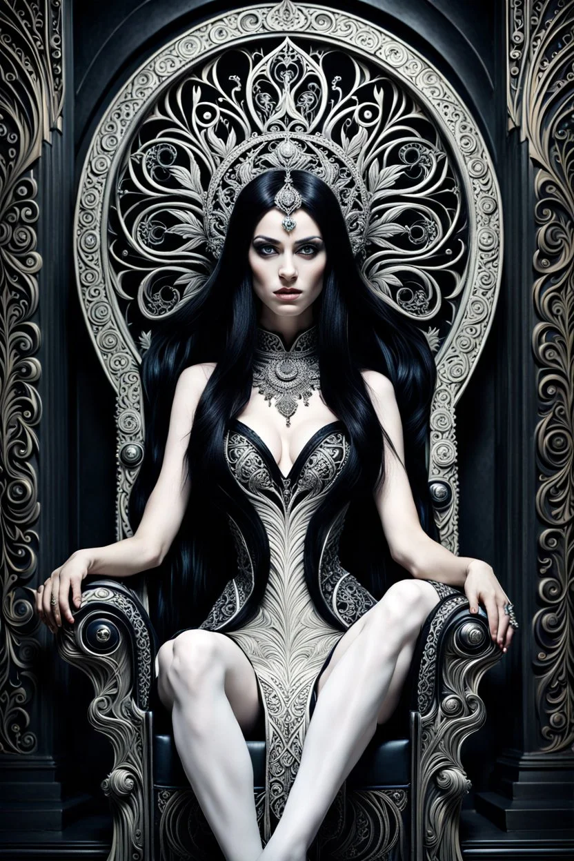 detailed beautiful goddess Hel with long black hair, pale white skin, detailed eyes, sitting on the throne of Helheim, inquisitive spirit | inspiration | dark colors, intricate detailing, surrealism, fractal hair, enigmatic villainess smile, dressed in complex chaotic fractal leather, artificial nightmares style, reflective eyes, detailed eyes, detailed art deco ornamentation, Cinematic lighting, Volumetric lighting,Photorealism, Bokeh blur, Very high detail, Sony Alpha α7, IS1900