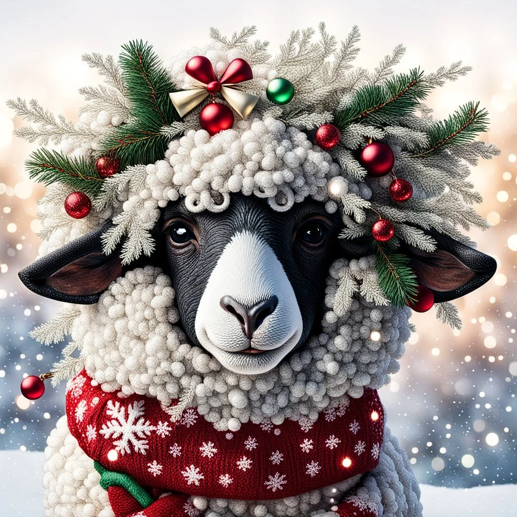 festive Whimiscial sheep in snow, with lights dressed for Christmas in holiday sweater