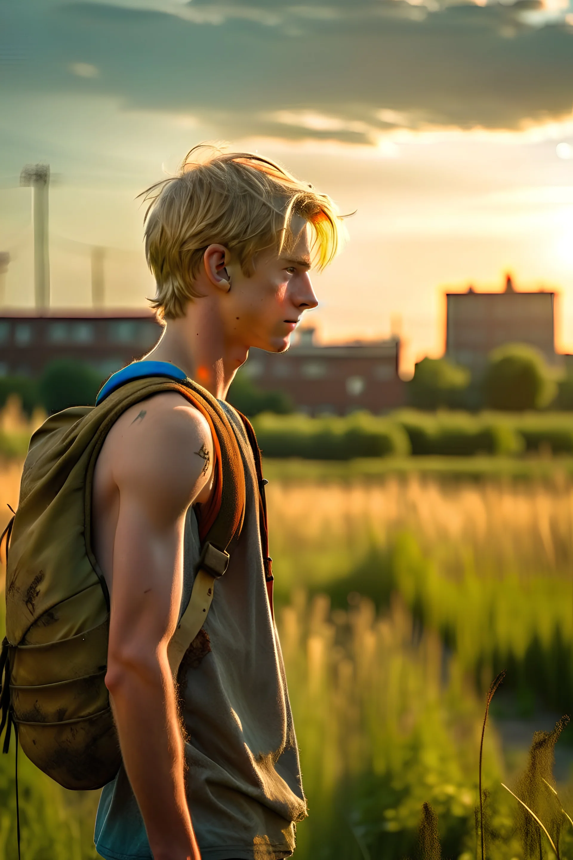 A profile photo of a handsome fifteen year old boy wearing an old backpack standing in a field with an abandoned city skyline on the horizon, messy short blond hair, wearing a tank top and torn shorts, sunset, tall grass, bright colours, lonely landscape, cinematic photography, high resolution, high quality, highly detailed.