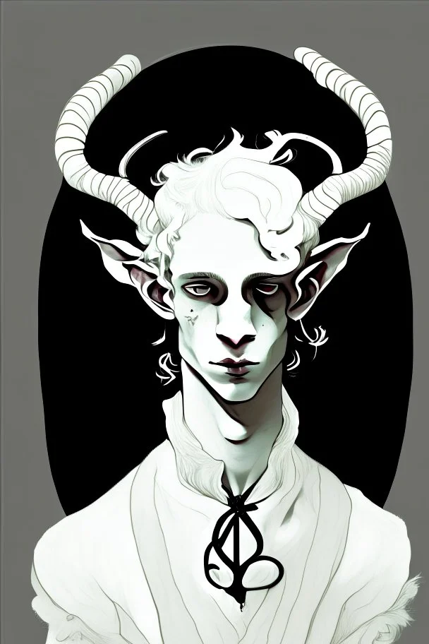 young satyr male albino alchemist with goat horns in the style of Aubrey Beardsley