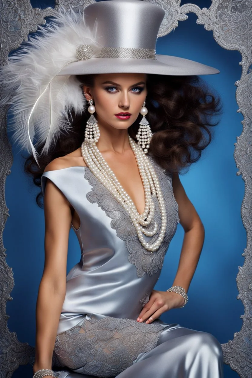 full body beautiful girl, elegant silver,lace clothes of the 80s, luxury style, small elegant hat with feather, hair of the 80s, pearl necklace, earrings masterful, beautiful face,blue backdrop