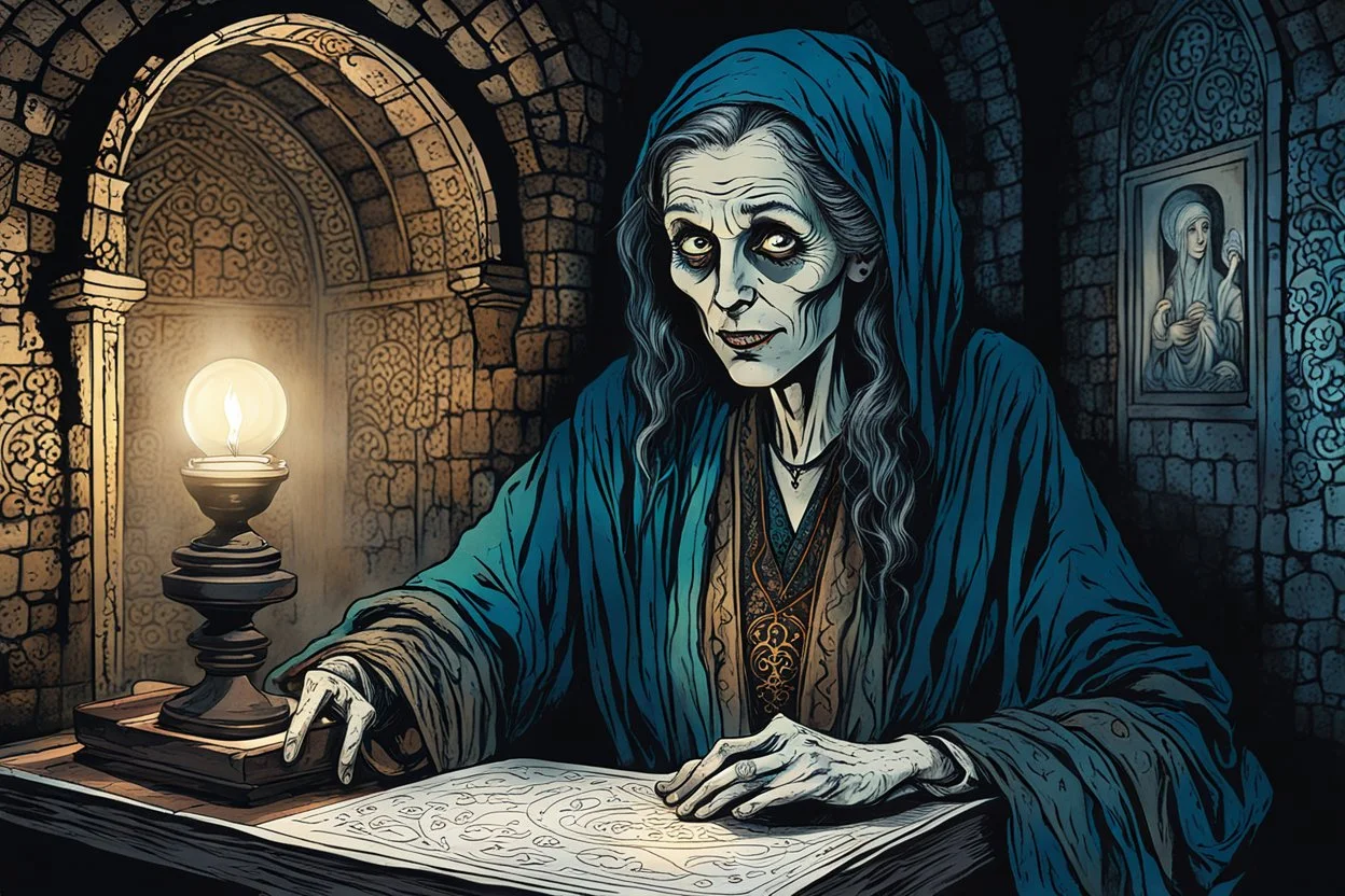 create a fine art print illustration of the spectral shade of an aged, emaciated 13th century Jewish female fortuneteller, clothed in an ornate but ragged bliaud with highly detailed feminine facial features, in the catacombs of the old city of Krakow, shrouded in a fetid mist at midnight , in the comic book art style of Bill Sienkiewicz, and Jean Giraud Moebius, finely textured, drawn, colored, and inked