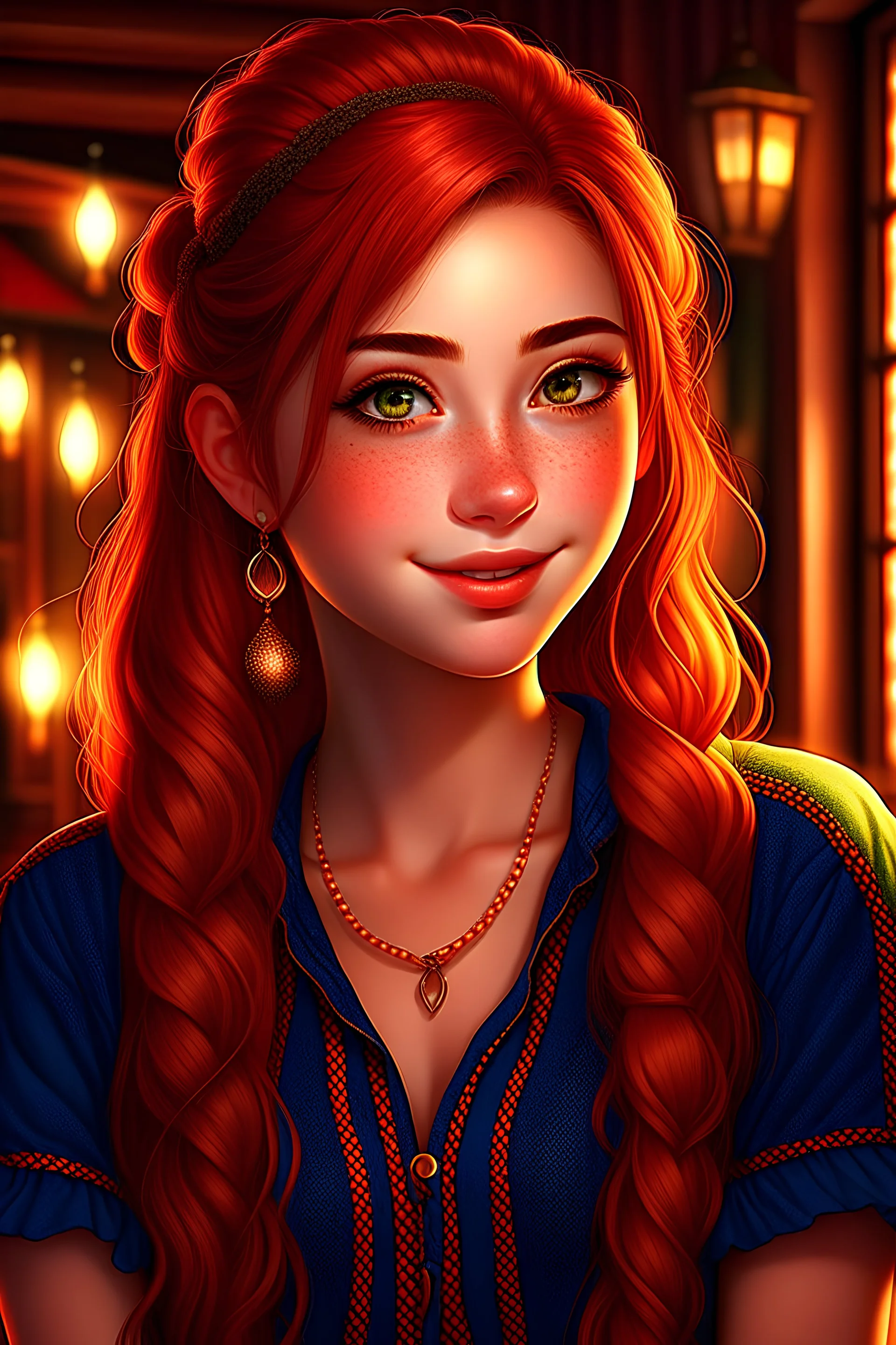 girl, masterpiece, best quality, cinematic lighting, detailed outfit, vibrant colors, perfect eyes, red hair, red eyes, long hair, braided ponytail, hairclip, earrings, smile, casual clothes, AI