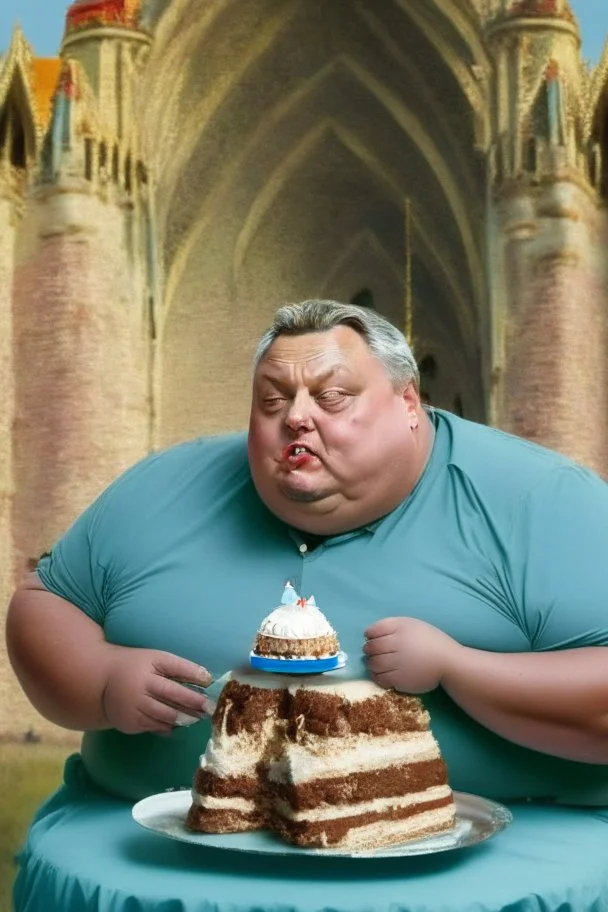 fat viktor orban eating cake in a castle