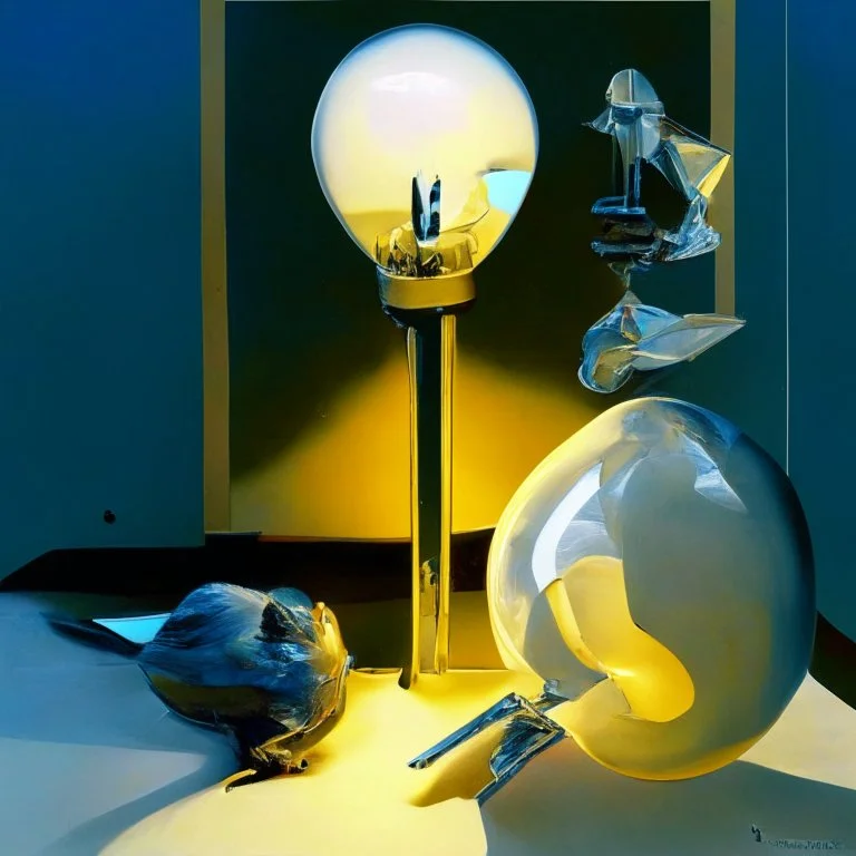 Abstract painting formed by a mix of human flesh-like surgical instruments and universe-like neuralink, a cat looking at a pigeon inside a huge bulb between light and shadow at dusk,surrealism,minimalism,Painting By Adrian Ghenie, Rene Magritte, Salvador Dali, Lucian Freud