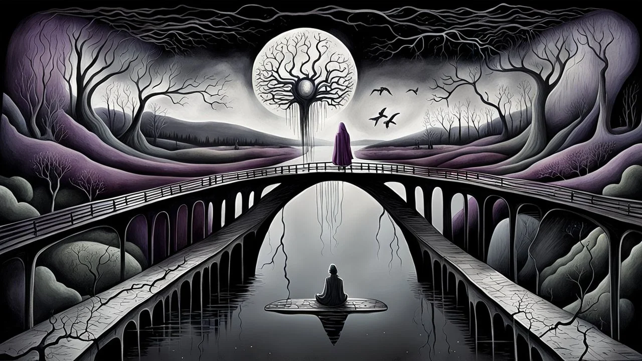 painted inner world with neurodivergens mind and soul, floating doors over surreal cracked weird landscape . one thin bridge over big black river, . deep dark colors, with silver and black. Whimsical strange style of Chagall, of Quentin Blake, andYoshitaka Amano of Anton Semenov. one dark purple-gray human shiluette in hood sitting on bridge and gazes weird absurd beauty nightmare, black shadows, in background cyber neuronic network, surreal vibe, nightmare
