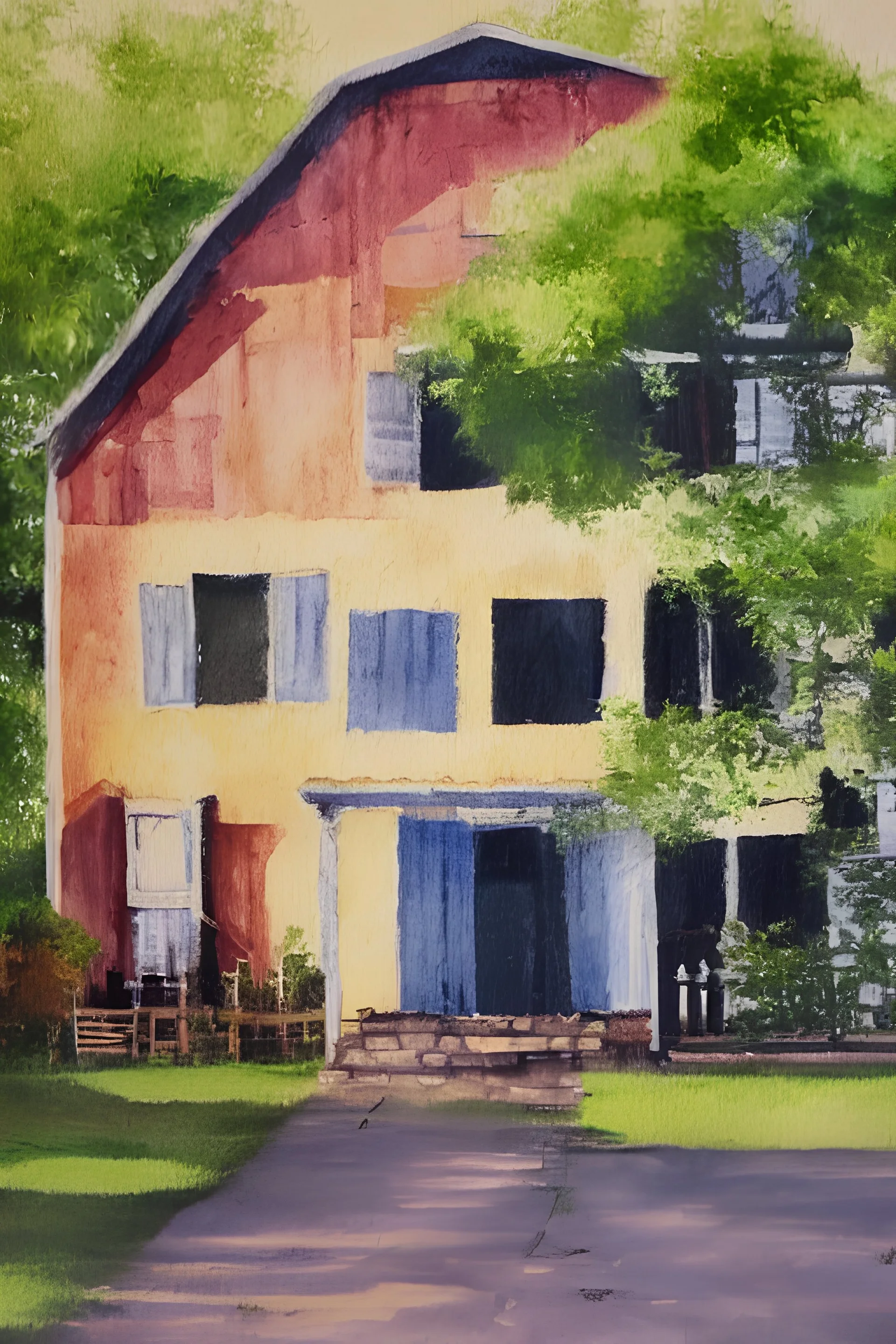 Farm house between regular houses on a city block, front view, oil painting, watercolor