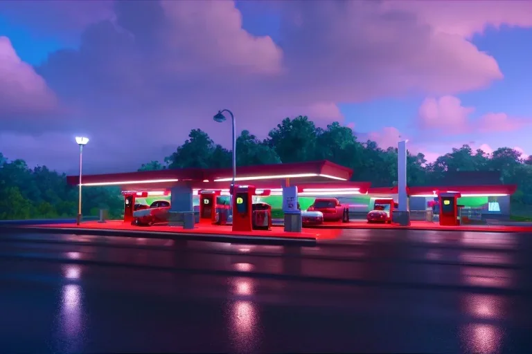 gas station,rundown, country side road,,road texture, atmospheric ,night lighting,rainy, realistic, unity engine, cinematic lighting,green emession, octane render.