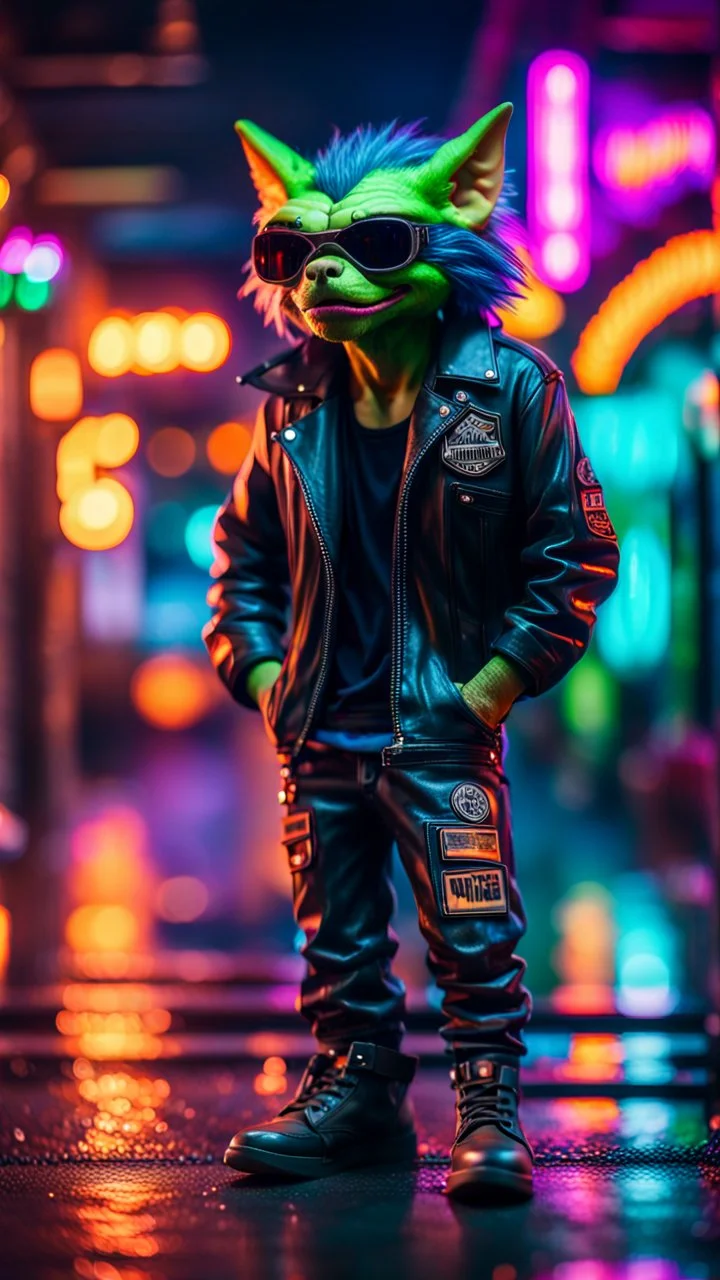 portrait of slick lord water wolf Gremlin myth buster pimp ninja yoga cyber punk in flying hipster lawn Harley Davidson parked in dark neon lit reflective wet arcade hall tunnel,bokeh like f/0.8, tilt-shift lens 8k, high detail, smooth render, down-light, unreal engine, prize winning