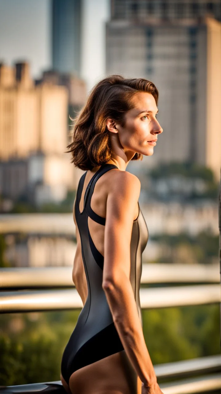 beautiful anorexic young woman, total shot, short shiny anthracite triathlon swimsuit, short brunette wavy bob hair, blurred city background