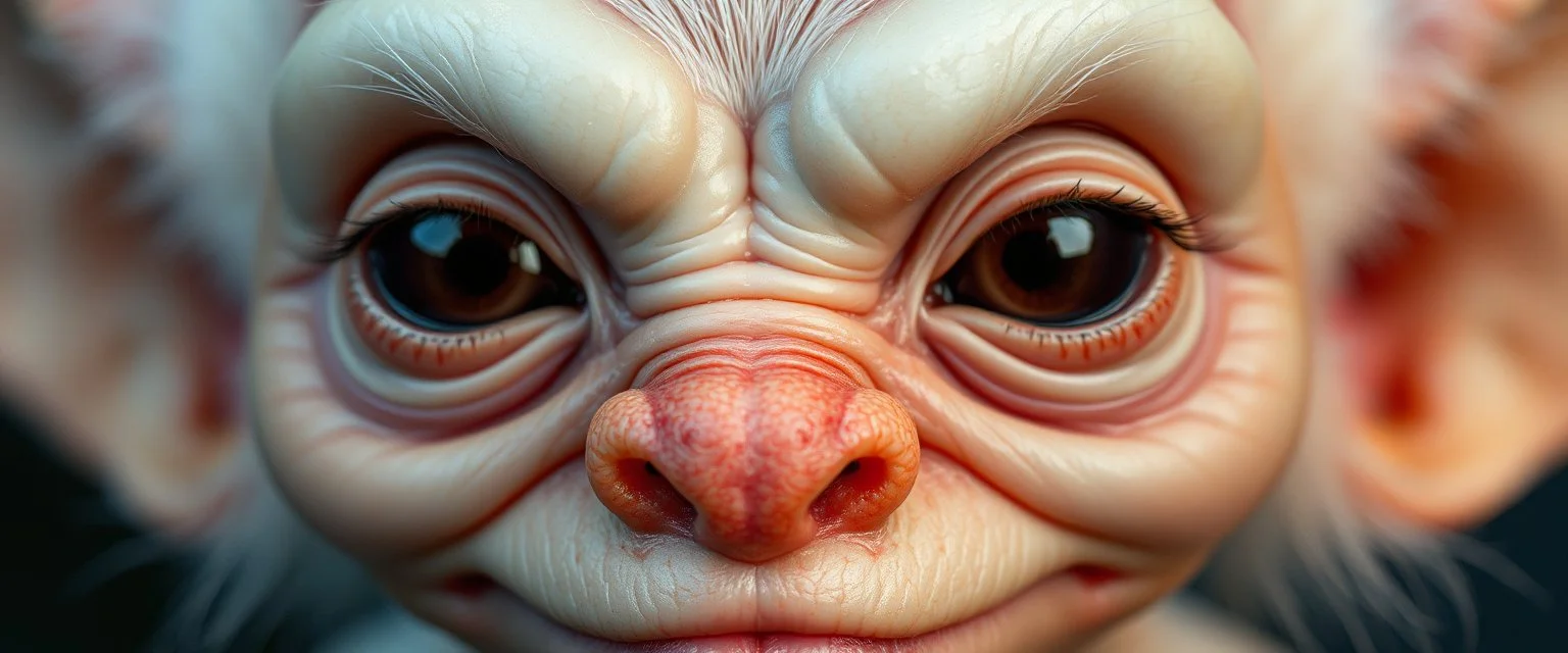 close up portrait with smooth grainy skin fine pores and real skin texture, clear transparent skin, wise eyes, hairy macho gremlin disco albino limbo