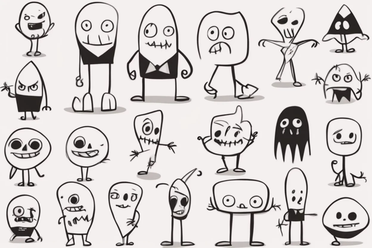 make a bunch of simple hand-drawn spooky and cute cartoon characters with bodies arms, and legs I could draw and make them all different make them looks like the 50s and 60s cartoon art